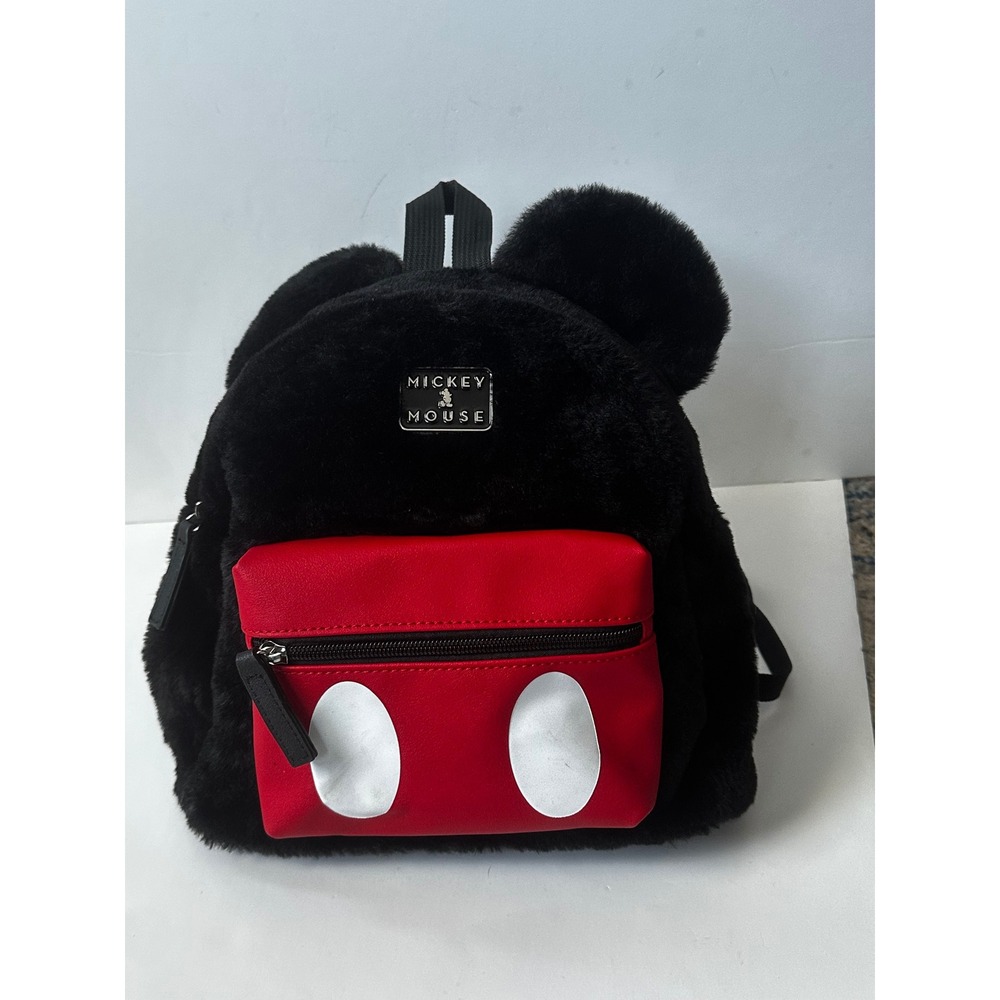 Disney Bioworld Mickey Mouse Plush Faux Fur Mini‎ Backpack Ears Black Red Purse